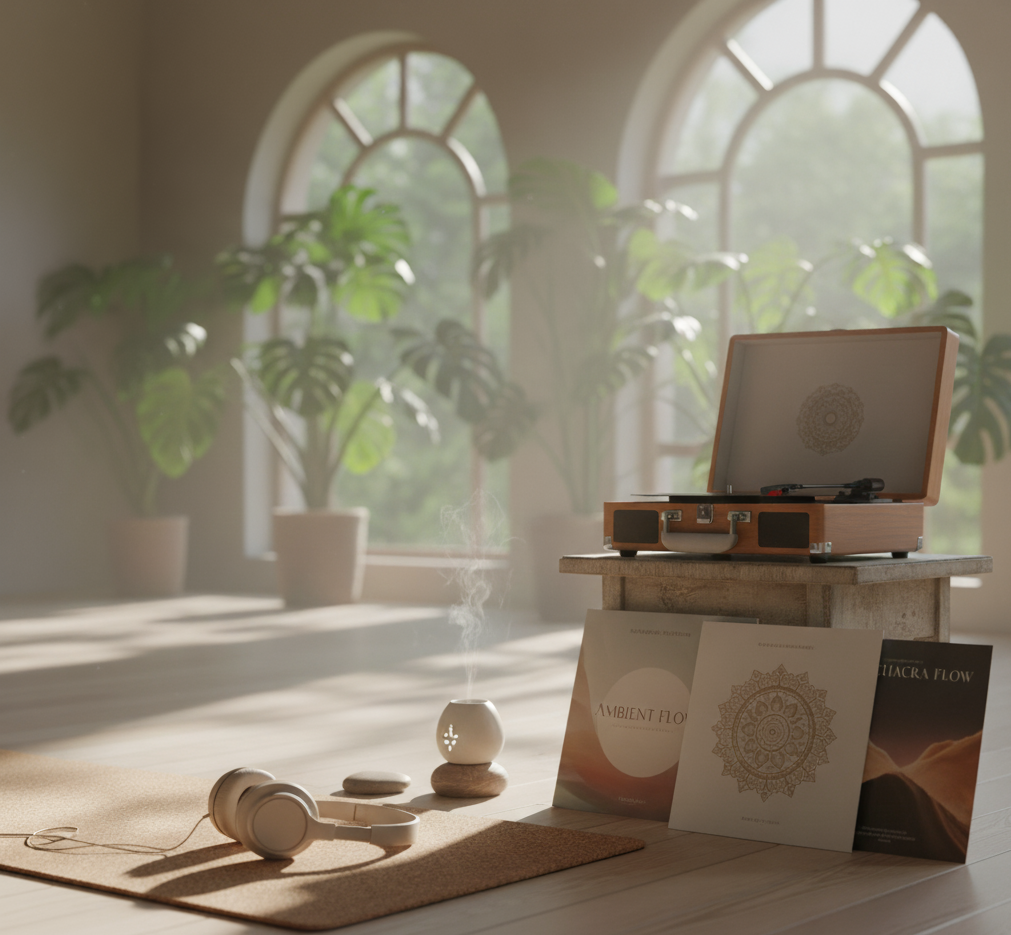 Słuchawki i płyty winylowe leżące na podłodze w celu odtworzenia muzyki do jogi