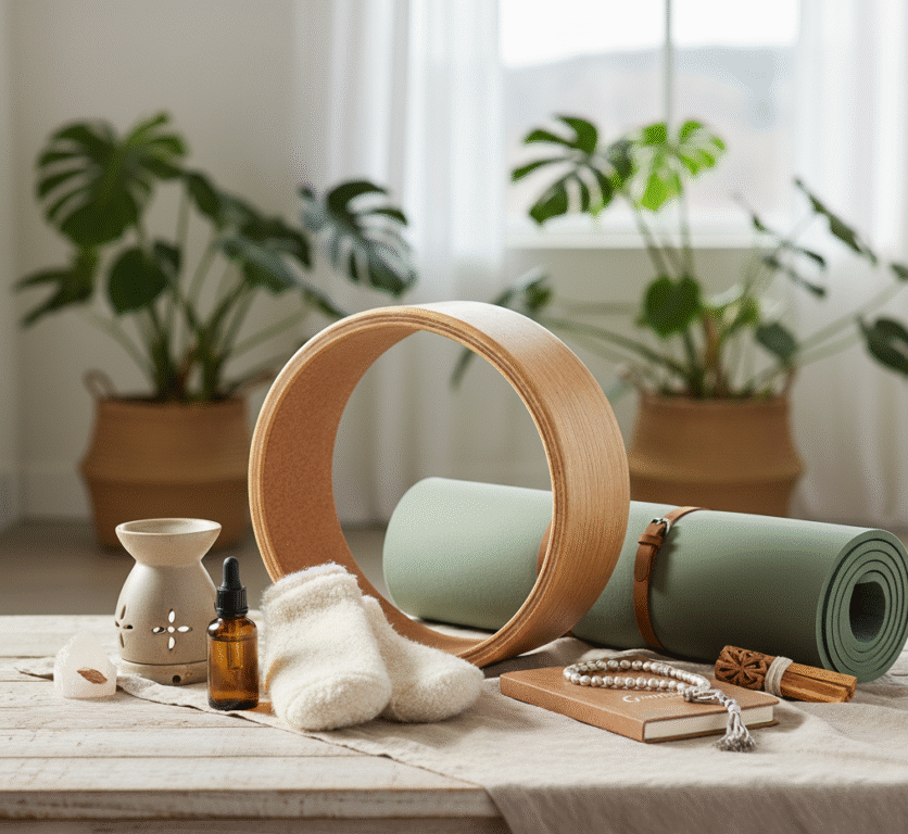 Akcesoria i sprzęt do jogi leżące na blacie będące idealnym prezentem dla joginki