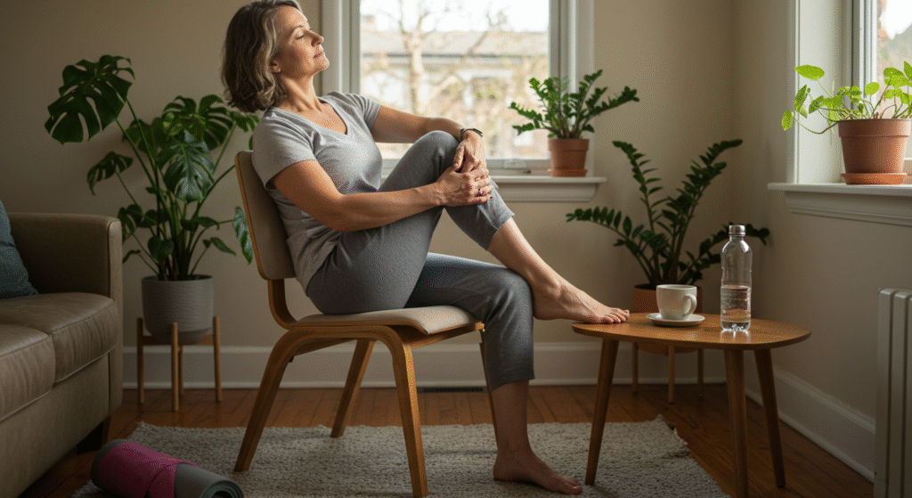 Kobieta wykonująca jogę na krześle w domu