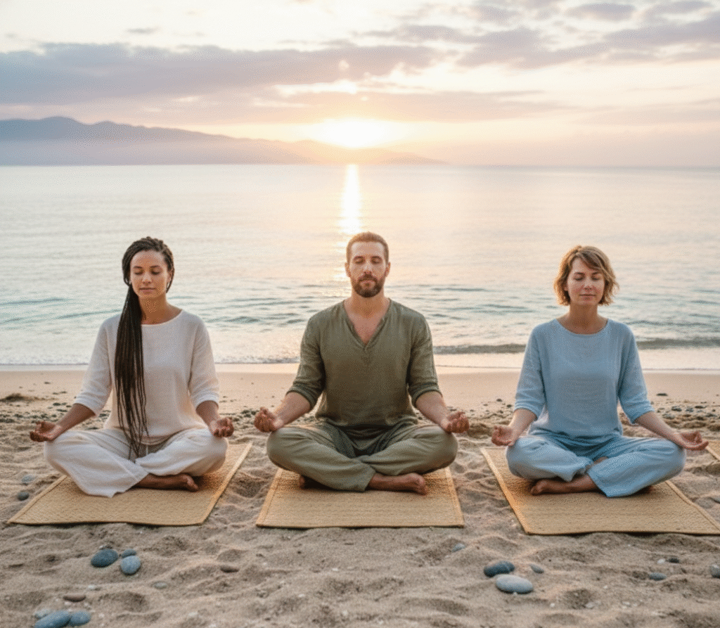 Jogini medytujący na plaży