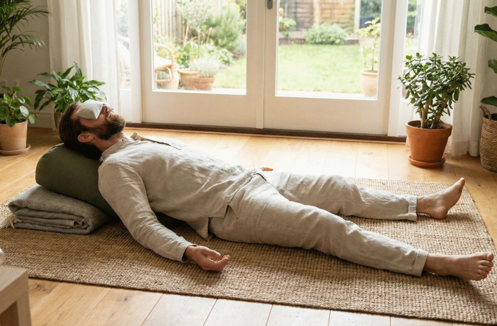 Mężczyzna odpoczywa w pozycji jogi na ból głowy leżąc na plecach z poduszką na oczach w jasnym salonie.