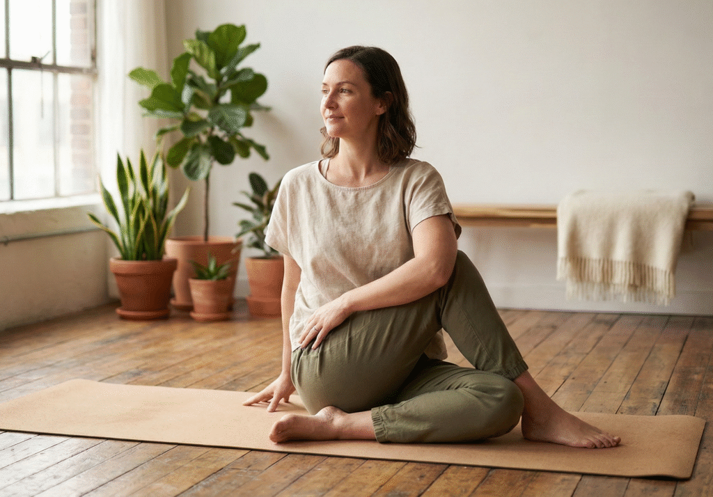 Kobieta w trakcie praktyki jogi wykonująca pozycję skrętu tułowia Ardha Matsyendrasana na macie do jogi w jasnym, naturalnym wnętrzu