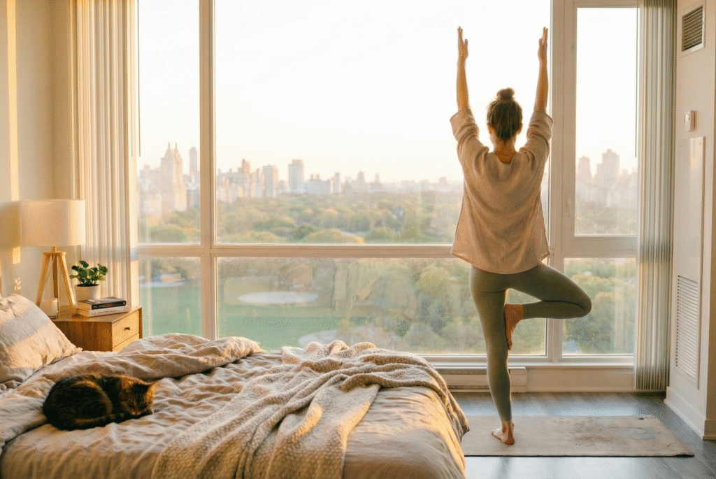 Kobieta wykonująca poranną jogę na macie w domu