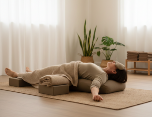 Kobieta przykryta kocem trenująca jogę restoratywną